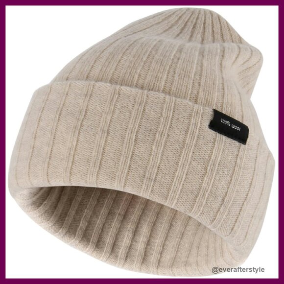 100% Wool Beanie Unisex Warm Winter Hat Double Layer Cuffed Cap Windproof